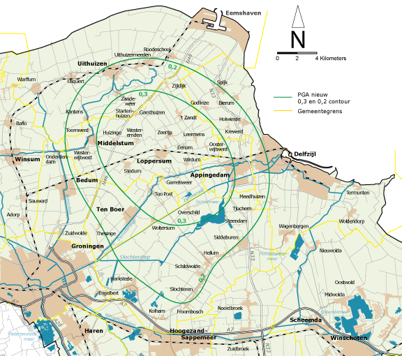 Afbeelding van een kaart van de provincie Groningen met daarop de 0,2 en 0,3 PGA contour, juni 2016
