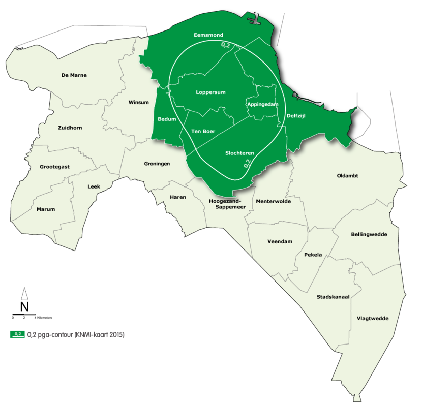 Afbeelding van een kaart van de provincie Groningen met daarop de 0,2 PGA contour, januari 2016