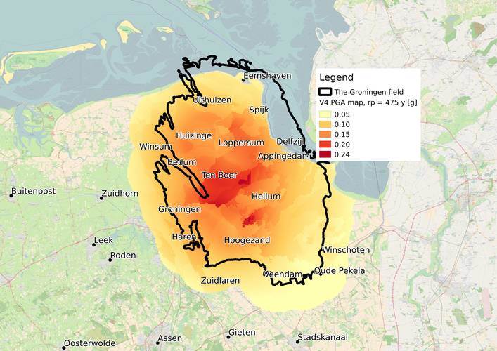 Afbeelding van de seismische hazardkaart Groningen 2017 van de KNMI